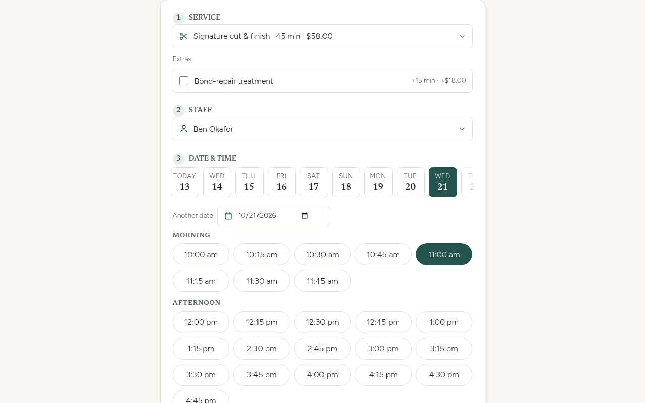 Booking form: choose a service, staff, date and time