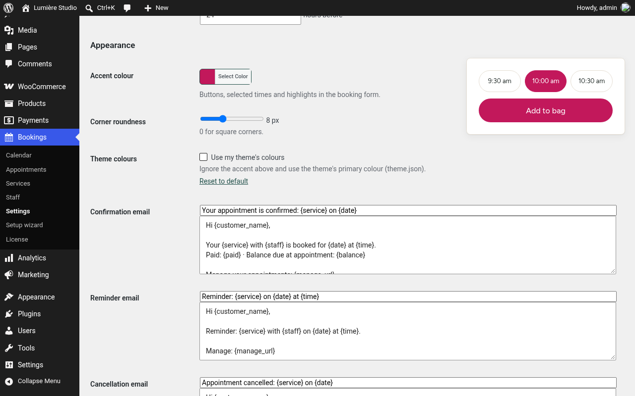 Appearance settings: accent colour with live preview