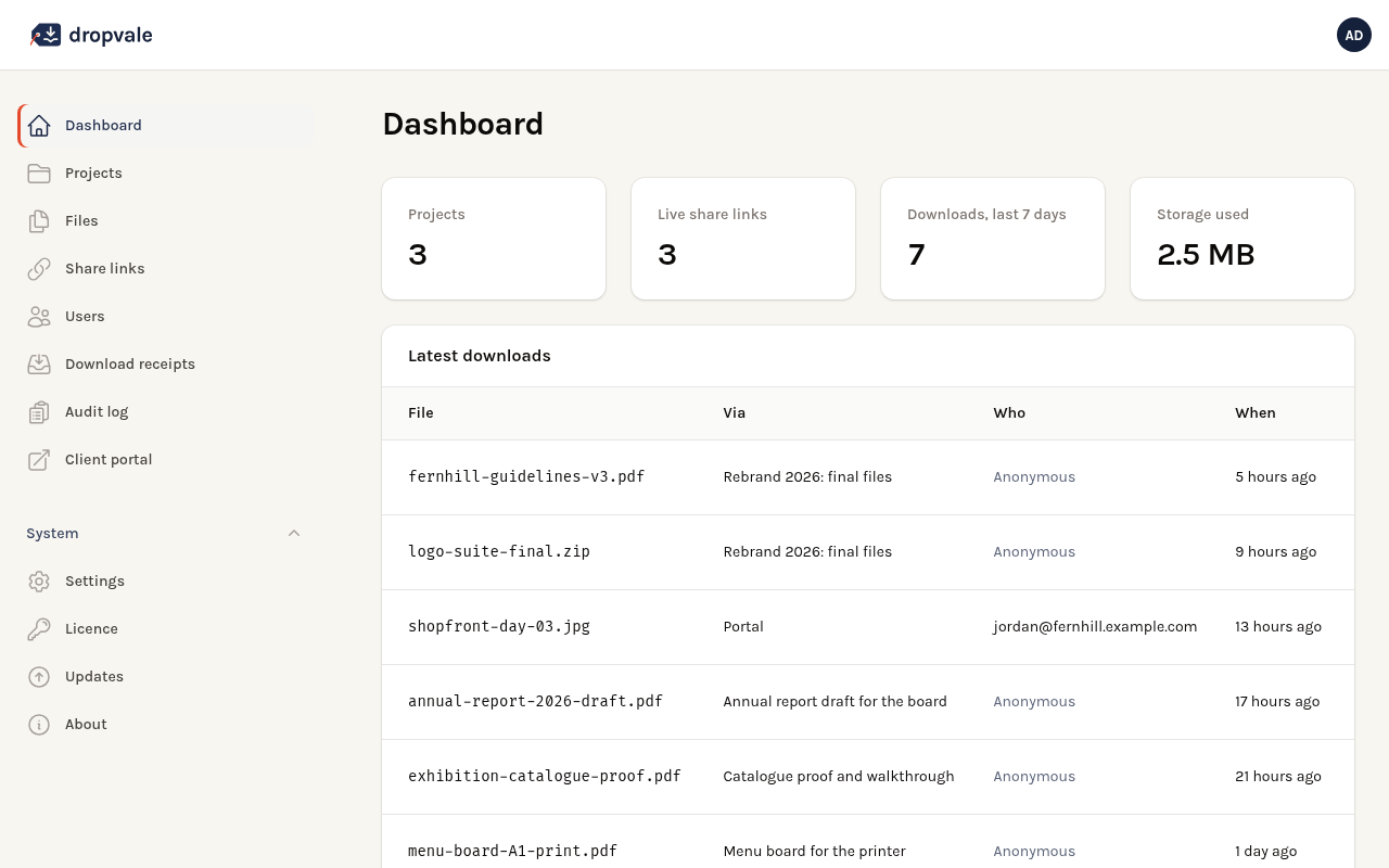 Admin dashboard: projects, live links, downloads and storage at a glance