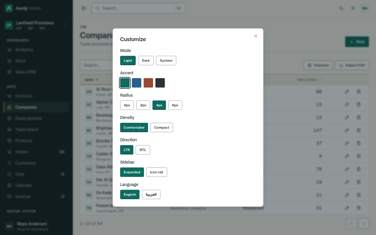 Theme customizer: mode, accent, radius, density