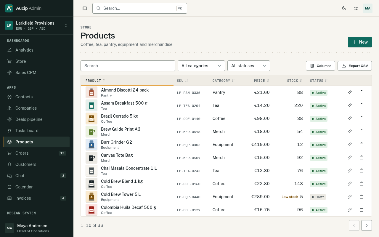 Products table with filters and bulk actions