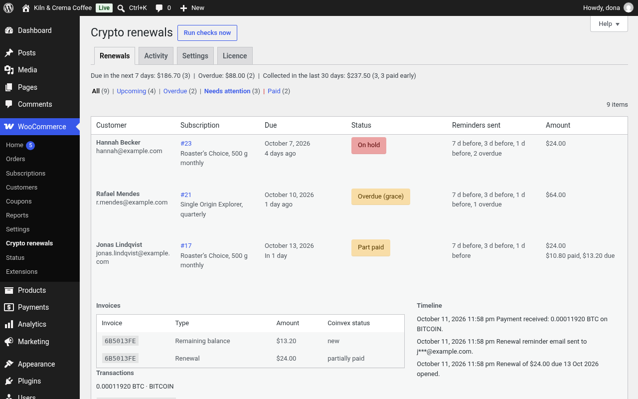 Renewal details: invoices, transactions and timeline