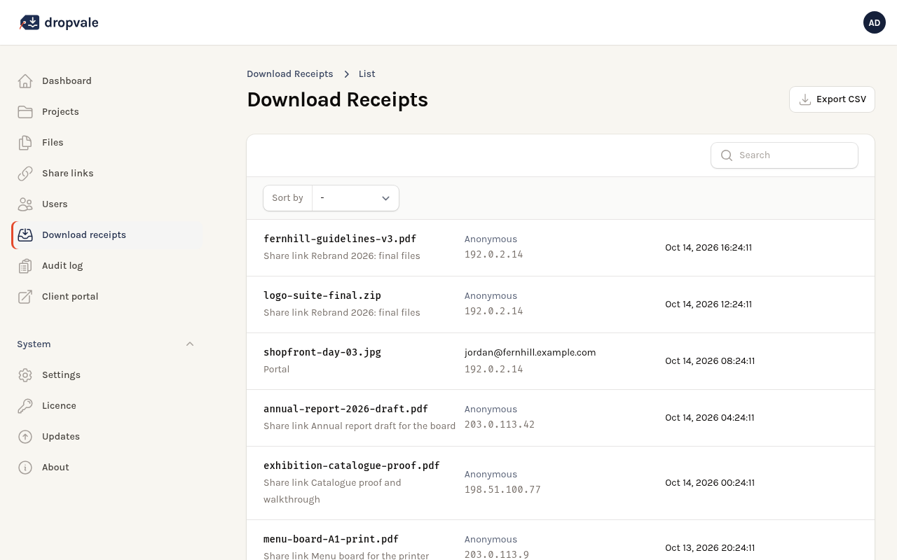 Download receipts with CSV export