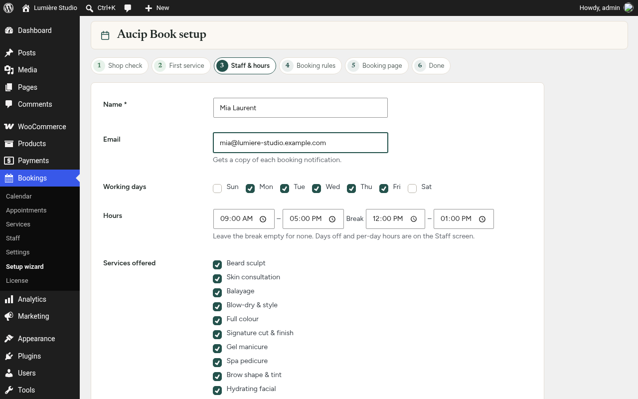 Setup wizard for staff and opening hours