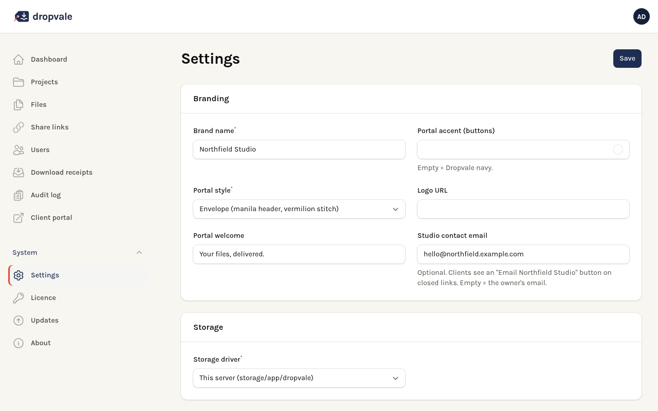 Settings: branding, portal style and storage