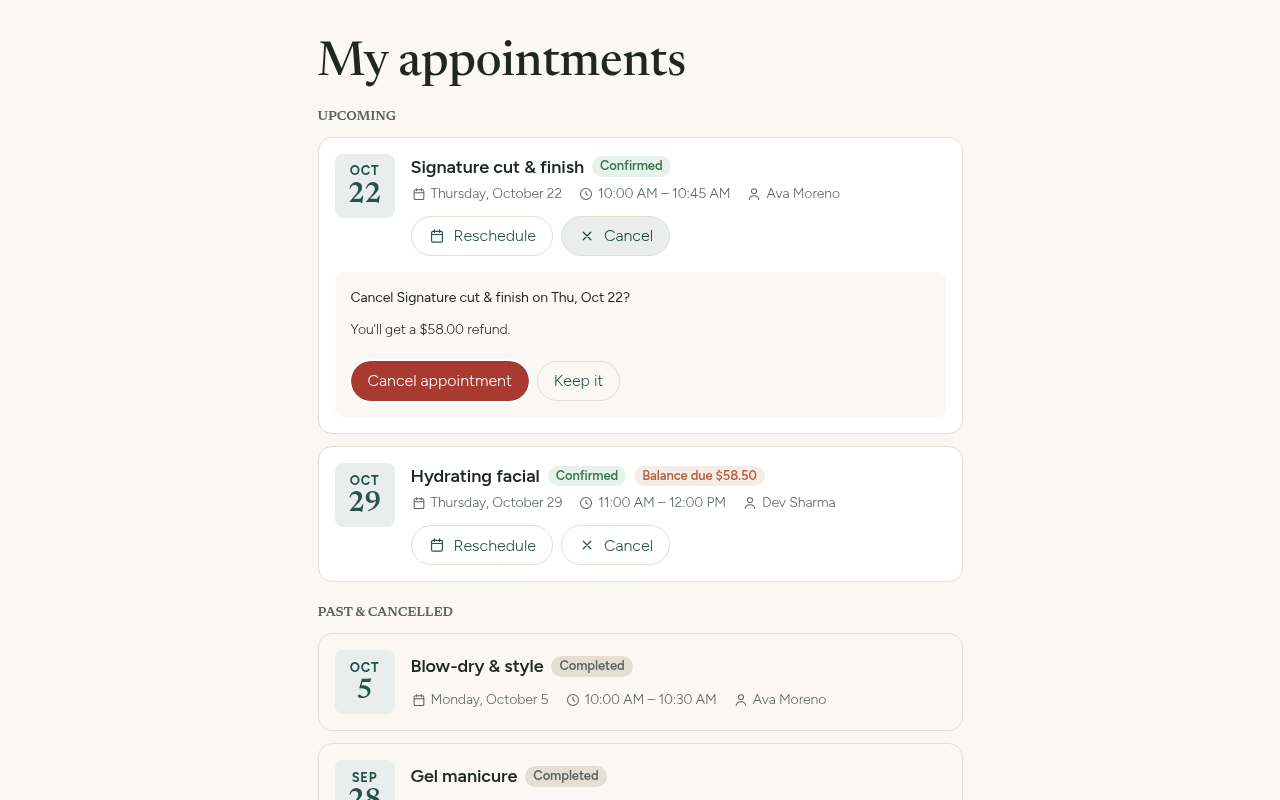 My Appointments with reschedule and cancel refund notice