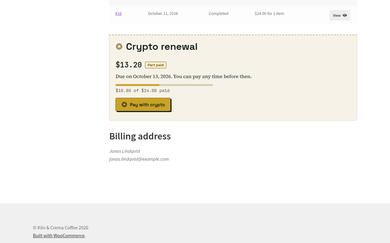 My Account: crypto renewal card with part-payment progress
