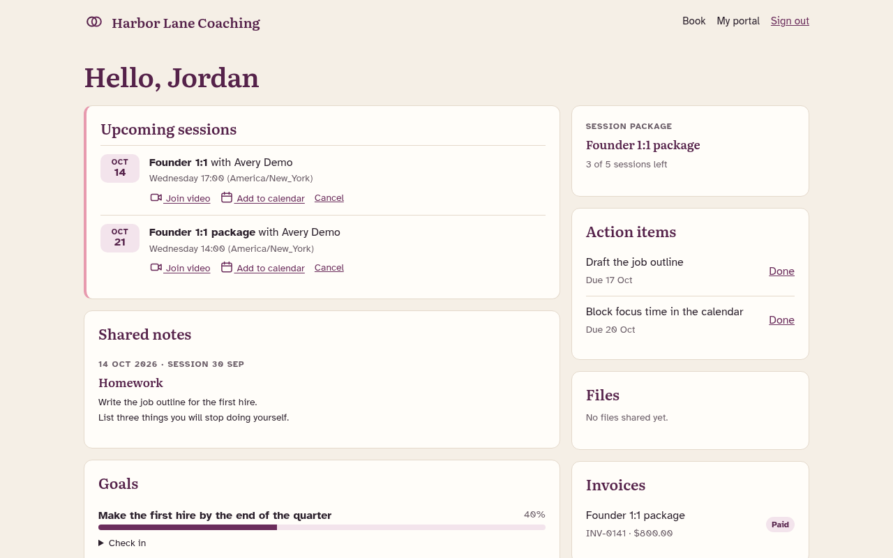 Client portal with an upcoming Founder 1:1 session