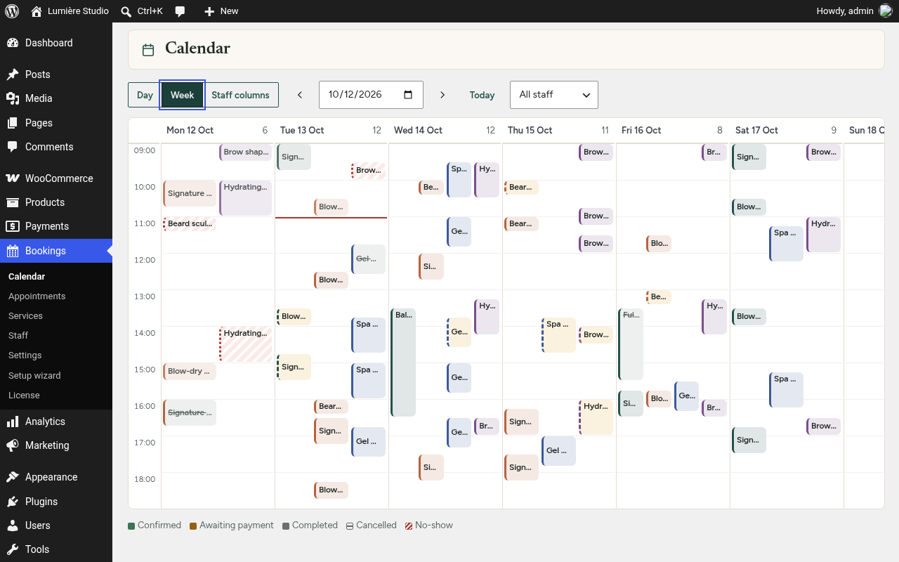 Admin calendar, week view by staff