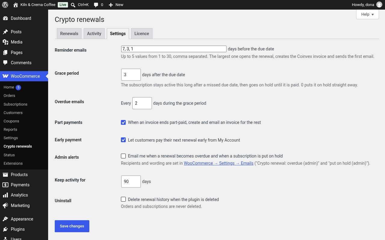 Settings: reminders, grace period, alerts
