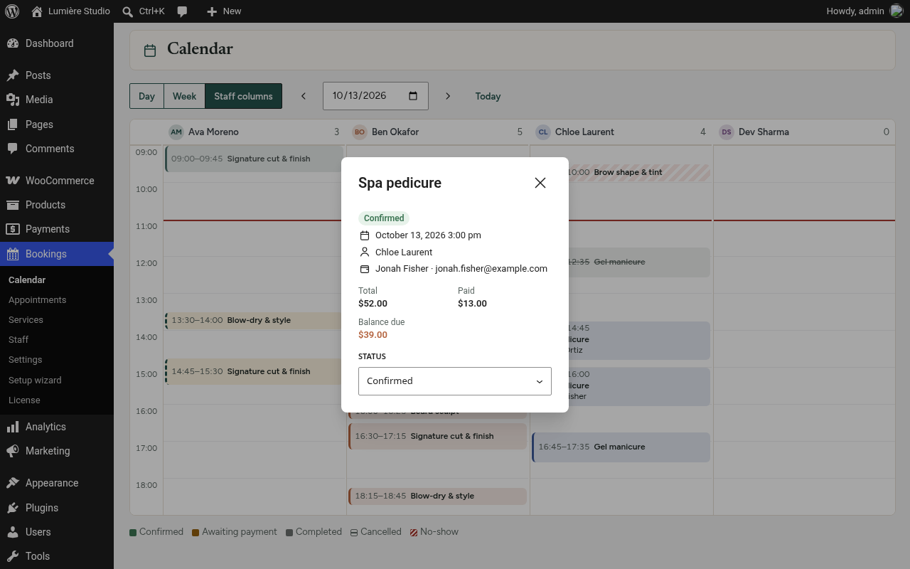 Booking details in the calendar with totals, paid and balance