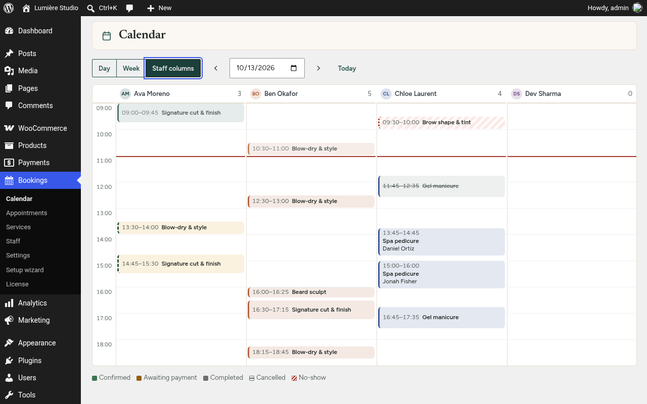 Admin calendar, day view