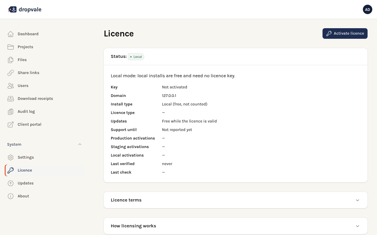 Licence page in local mode (local installs need no key)