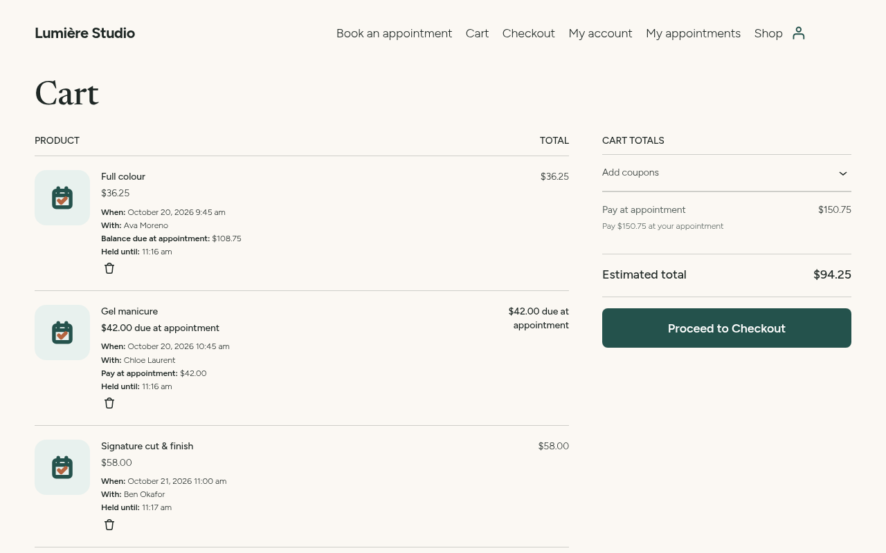 Cart with appointment rows and pay-at-appointment line