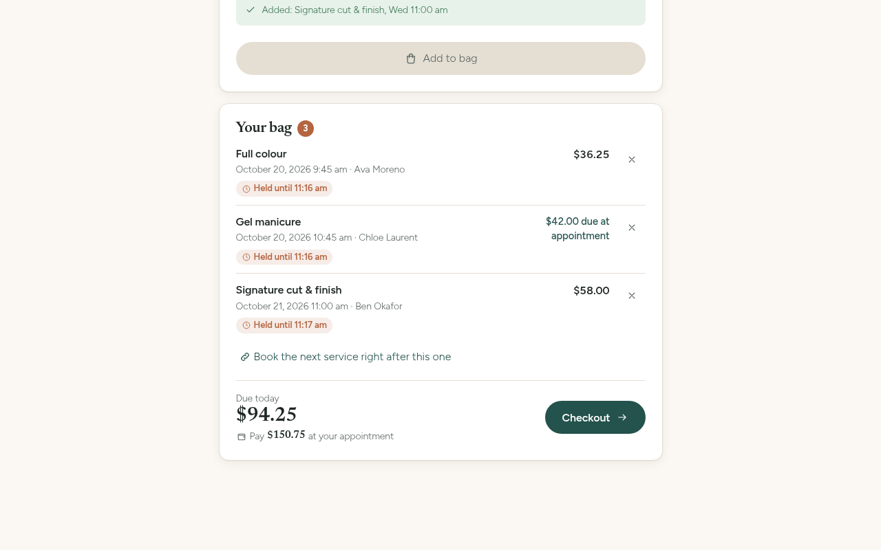 Booking bag with held appointments and the total due