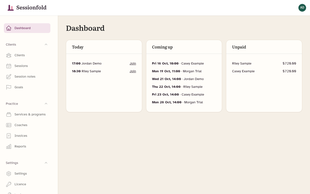 Coach dashboard: today, coming up and unpaid