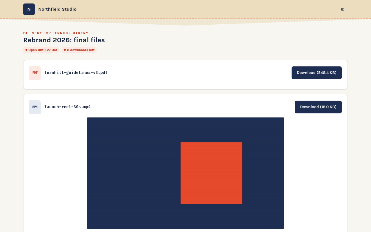 A client delivery page with open-until and downloads-left tags