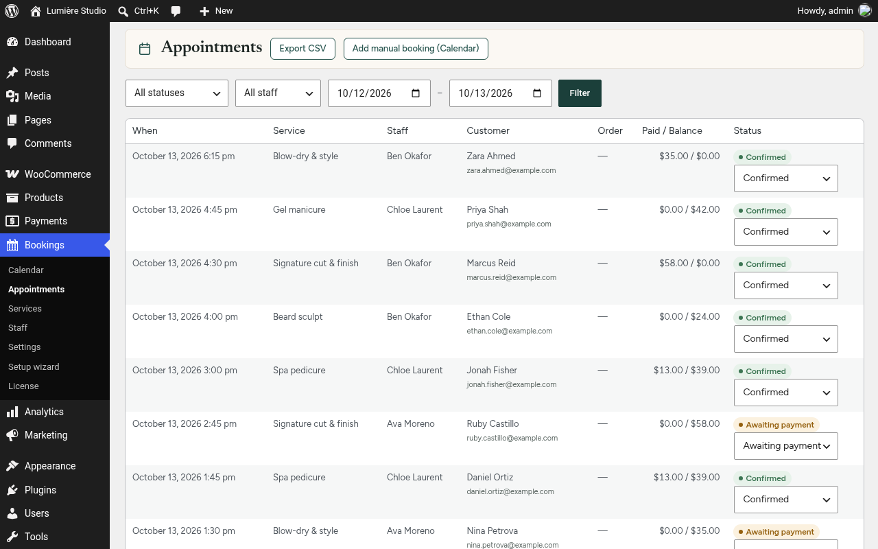 Admin appointments list with status and balance