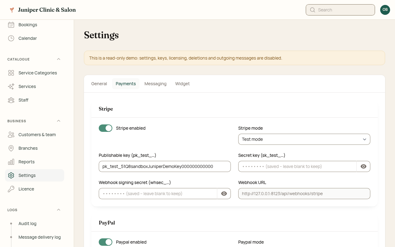Admin settings payments