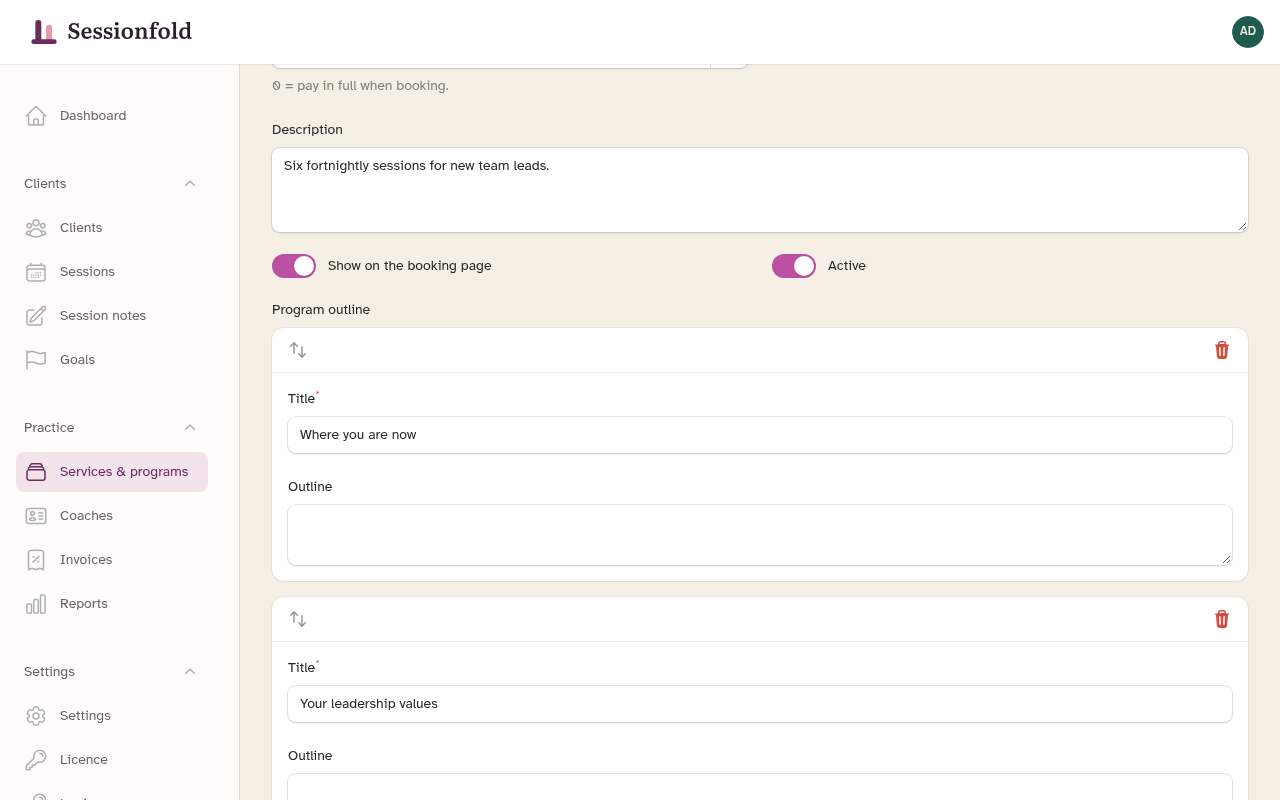 Program builder with a session outline