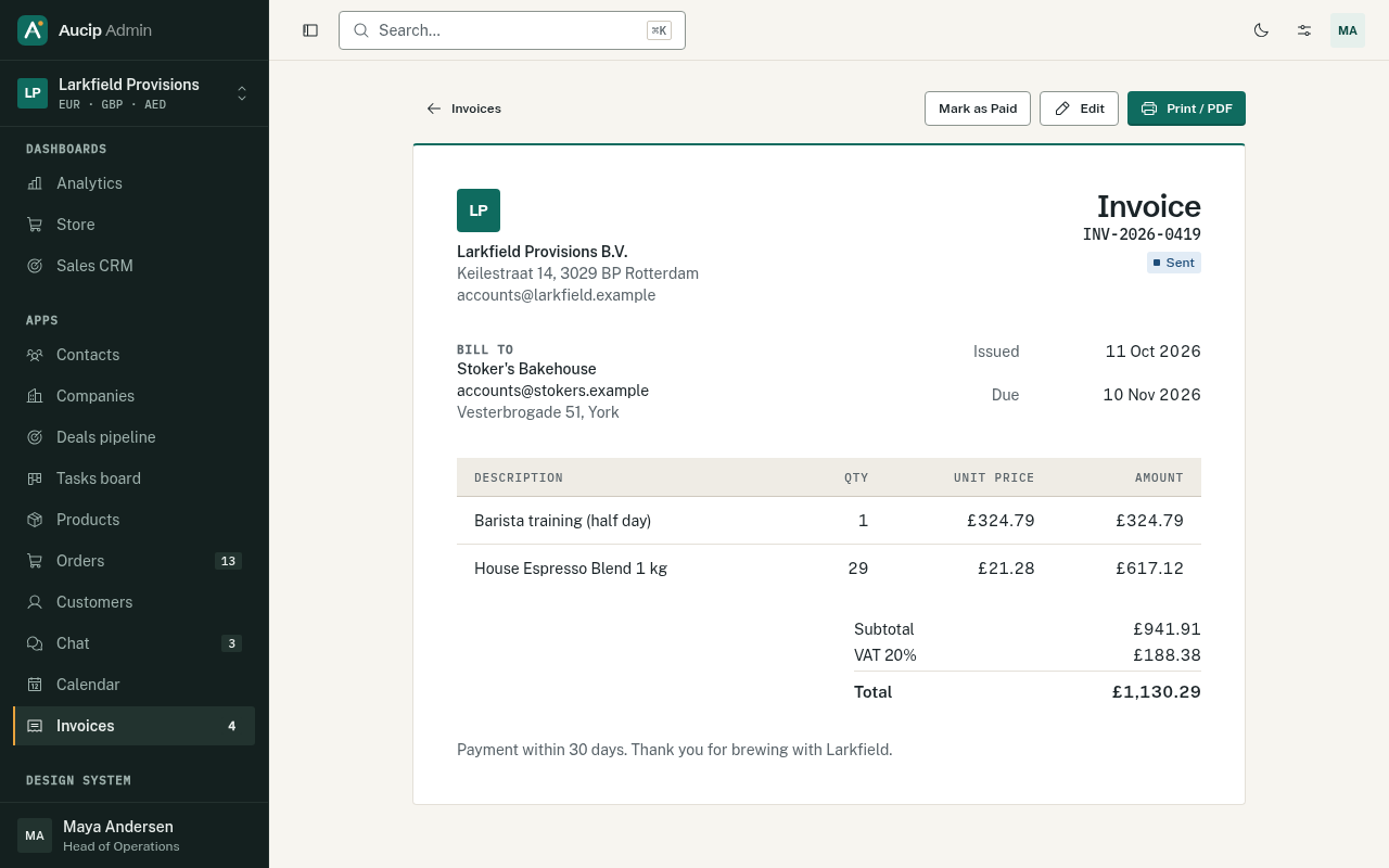 Printable invoice with tax
