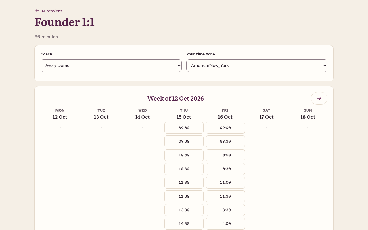 Booking page week picker in the visitor's time zone