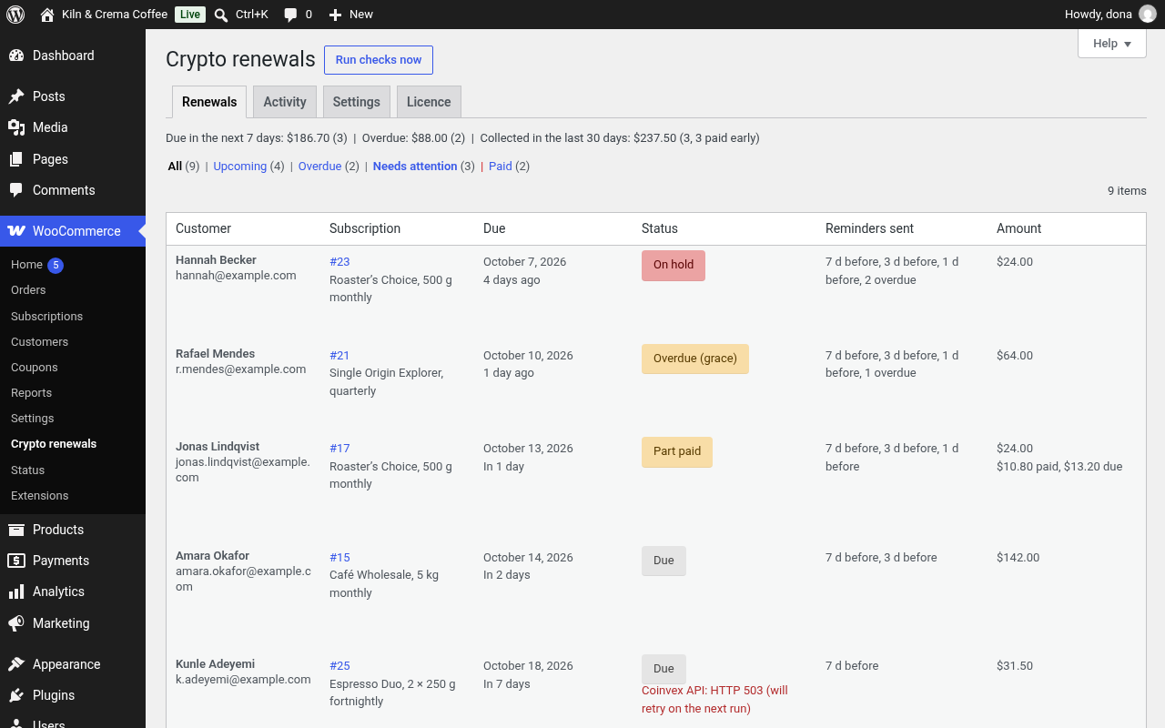 Crypto renewals: summary, filters and every renewal state